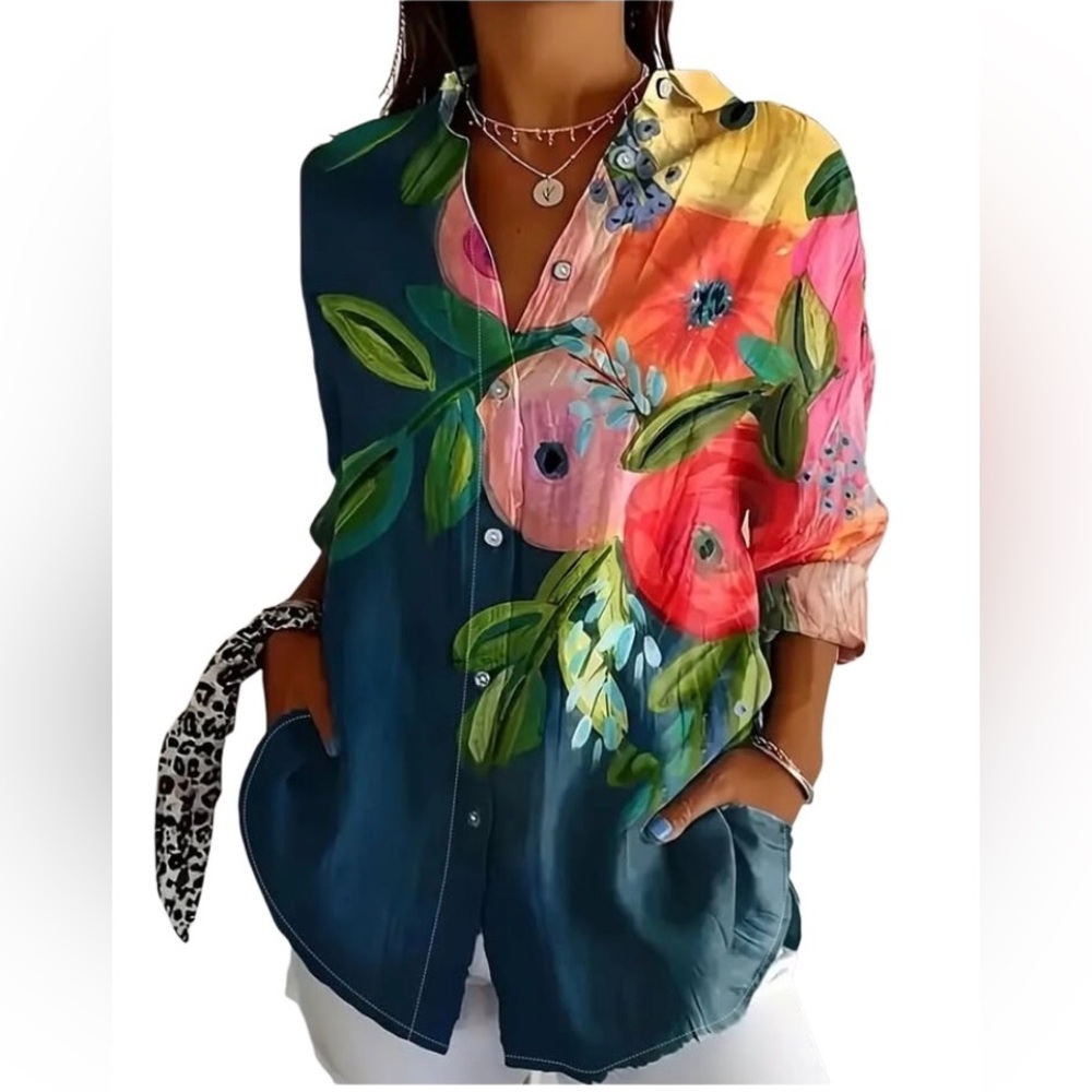 Navy& floral half and half long sleeve Relaxed Button Down Shirt Sz med